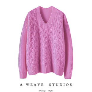 女重磅加厚绞花纯羊绒毛衣女秋冬穿搭 小V领女士羊绒衫 版 型闭入