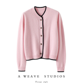 女毛衣针织开衫 启超好看到哭 加厚拼色圆领100%纯山羊绒开衫 外套