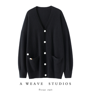 纯羊绒毛衣针织开衫 贵气 女中长款 V领山羊绒衫 外套宽松秋冬 人