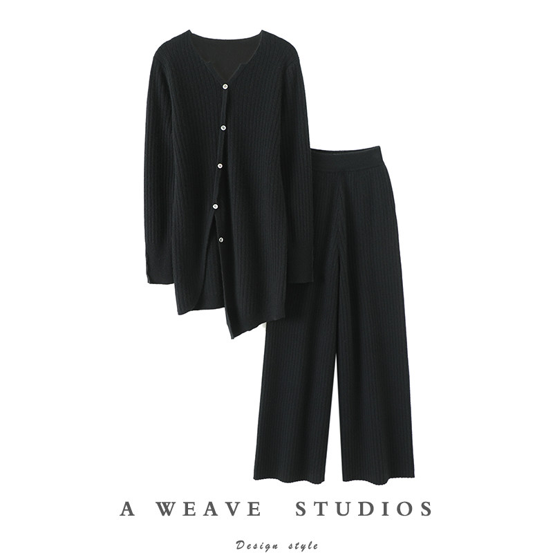 魅力全开~加厚中长款羊绒开衫女纯羊绒毛衣针织休闲直筒裤子套装