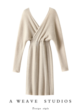 华贵典雅大气！秋冬双V领羊绒衫女长款100%纯山羊绒毛衣连衣裙子