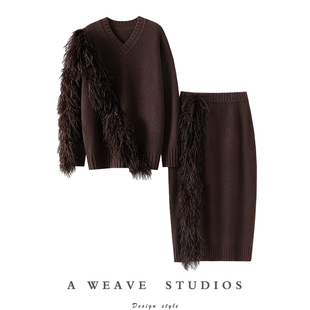 女V领半身裙套装 高定鸵鸟毛100%纯山羊绒衫 加厚 900克 红尘时光