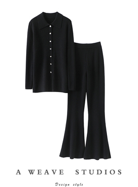 上身那叫好看！翻领羊绒开衫女纯山羊绒毛衣休闲裤喇叭裤羊绒套装