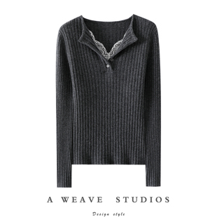 贵里贵气!蕾丝边100%纯山羊绒衫女V领纯羊绒毛衣针织打底衫秋冬