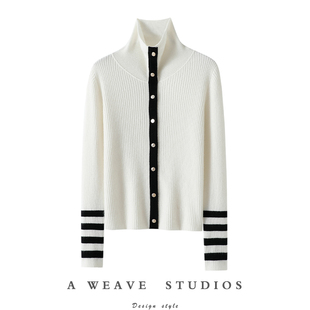 针织打底衫 女条纹毛衣修身 气质高领100%纯山羊绒开衫 主打气质