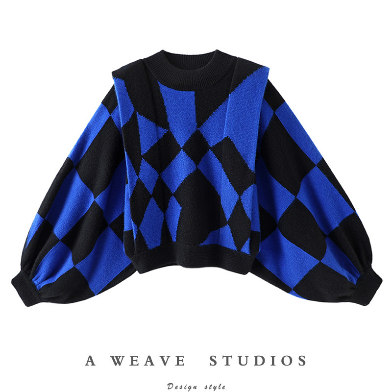 女神归来！复古黑色菱格造型灯笼袖大克重羊绒衫毛衣女2023冬厚,女装/女士精品,羊绒衫,淘宝优惠券,粉丝福利购,淘宝优惠卷