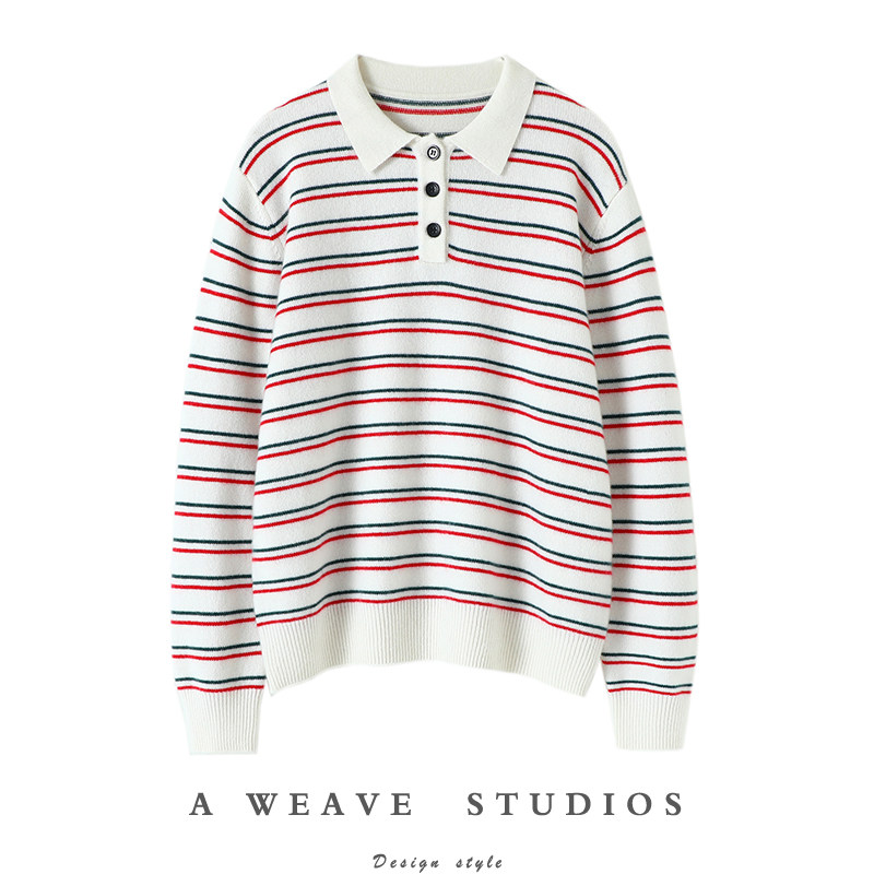 复古又显白！加厚羊绒衫女POLO领纯山羊绒毛衣条纹针织衫宽松新款,女装/女士精品,羊绒衫,淘宝优惠券,粉丝福利购,淘宝优惠卷