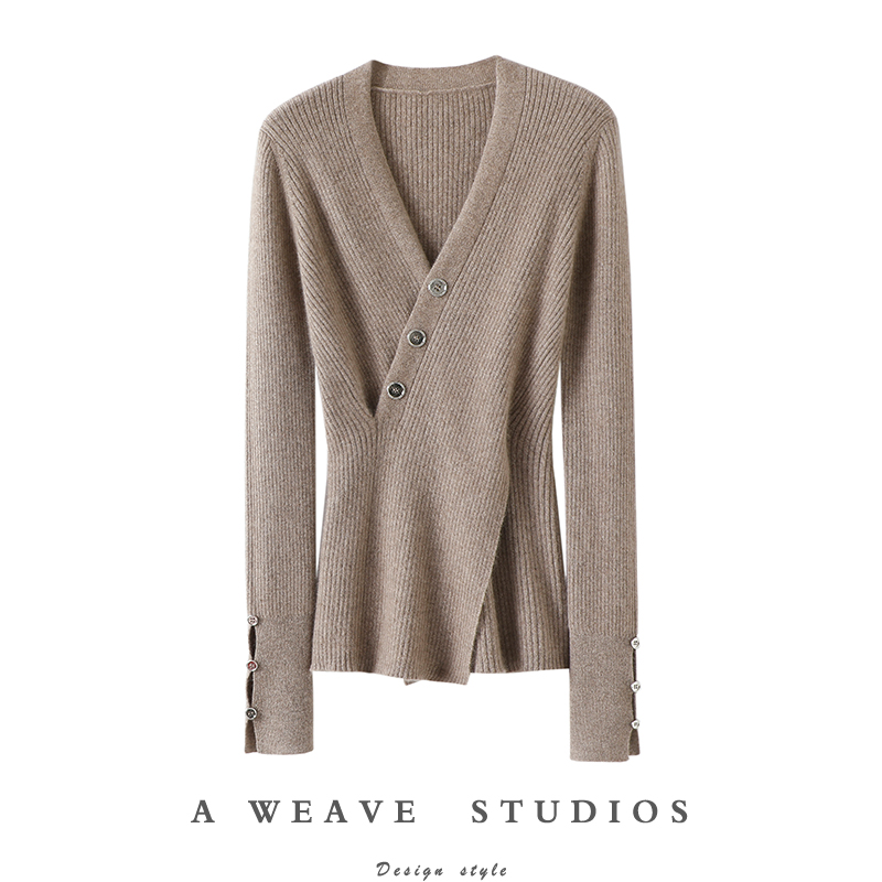 启超设计师腔调~V领100%纯山羊绒衫女纯羊绒毛衣针织衫修身打底衫