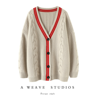 宽松女毛衣粗棒针编织外套 拼色条纹V领纯羊绒开衫 穿了才懂 美