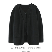 通勤老钱风 女纯羊绒毛衣针织外套秋冬套装 加厚四平针 羊绒开衫