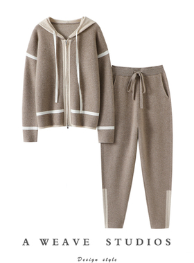 一生持有！重磅加厚！100%纯山羊绒拉链帽衫毛衣小脚哈伦裤套装冬