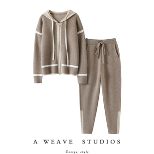 一生持有！重磅加厚！100%纯山羊绒拉链帽衫毛衣小脚哈伦裤套装冬