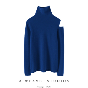 秋冬新款 女纯羊绒毛衣针织打底衫 单侧露肩高领羊绒衫 气质杠杠