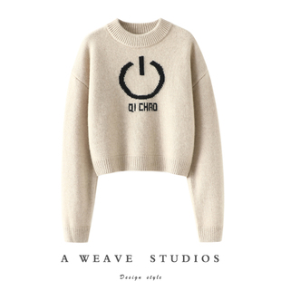 女短款 字母提花半高领羊绒衫 纯羊绒毛衣宽松加厚 好 启超点缀