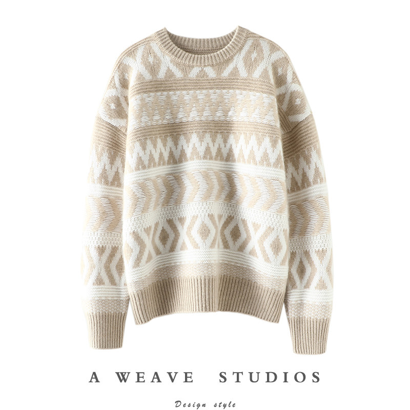 爱这设计感！重磅加厚几何提花羊绒衫女圆领纯羊绒毛衣针织衫宽松,女装/女士精品,羊绒衫,淘宝优惠券,粉丝福利购,淘宝优惠卷
