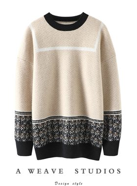 上身真的好看！复古绿色下摆图腾提花羊绒衫女纯羊绒毛衣宽松加厚