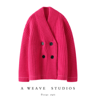 启超绒感肌理 女华夫格编织羊绒毛衣 加厚V领双排扣100%羊绒开衫