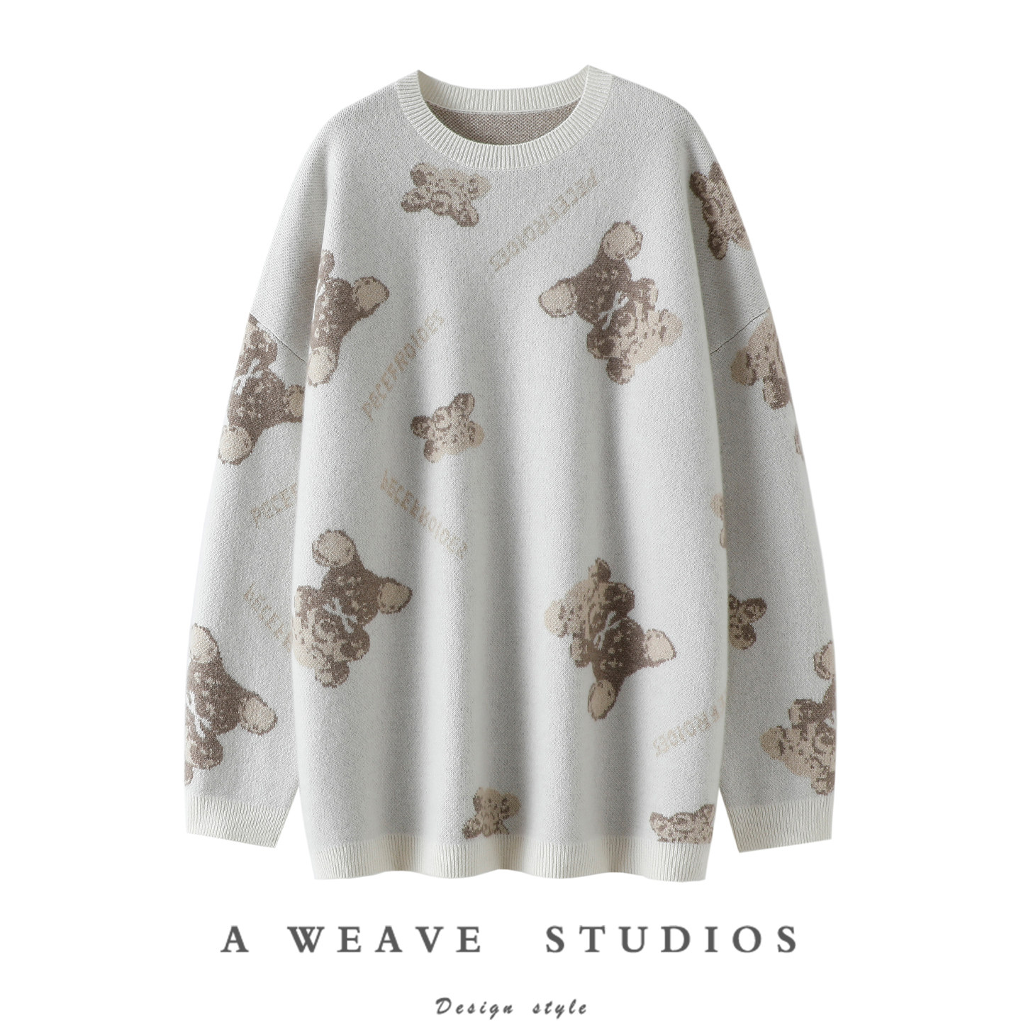 官方正品！重磅加厚100%纯山羊绒衫女圆领卡通小熊图案大毛衣宽松