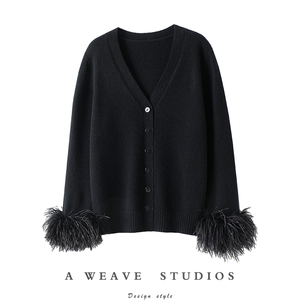 所向披靡！可拆卸鸵鸟毛加厚100%纯山羊绒开衫女毛衣针织开衫外套