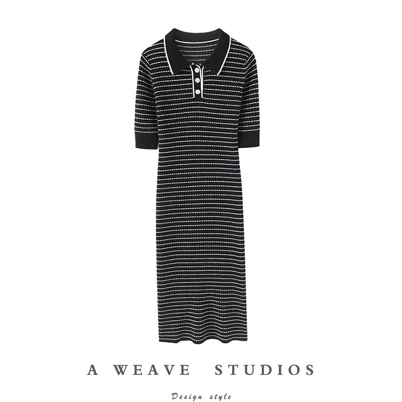 显身材好~水钻扣polo领条纹羊绒连衣裙女五分袖羊绒衫中长款裙子