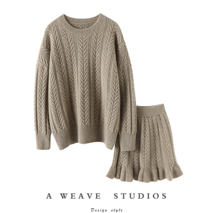 女圆领荷叶边羊绒短裙冬宽松套装 自在活力纽约 加厚100%羊绒衫