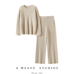 官方正品！绞花加厚100%纯山羊绒衫女圆领针织休闲直筒裤子女套装