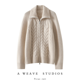 气质直接开挂~!粗棒针加厚100%纯山羊绒拉链开衫女高领毛衣外套