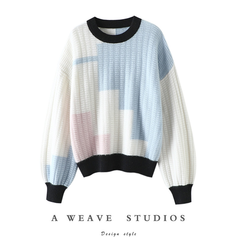 意式精髓设计！撞色圆领加厚羊绒衫女纯羊绒毛衣针织衫宽松秋冬,女装/女士精品,羊绒衫,淘宝优惠券,粉丝福利购,淘宝优惠卷