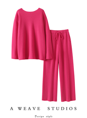 实力撩人！羊绒衫100纯羊绒女小一字领毛衣九分阔腿裤子套装秋冬