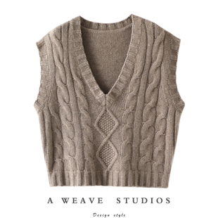 启超奢美有度 V领针织马甲背心女毛衣宽松坎肩 加厚100%纯山羊绒衫