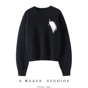 可拆卸天鹅胸花~秋冬加厚100%纯山羊绒衫女纯羊绒毛衣针织衫宽松