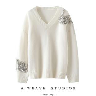 时髦从不将就!手工络花加厚100%纯山羊绒衫女V领纯羊绒毛衣冬