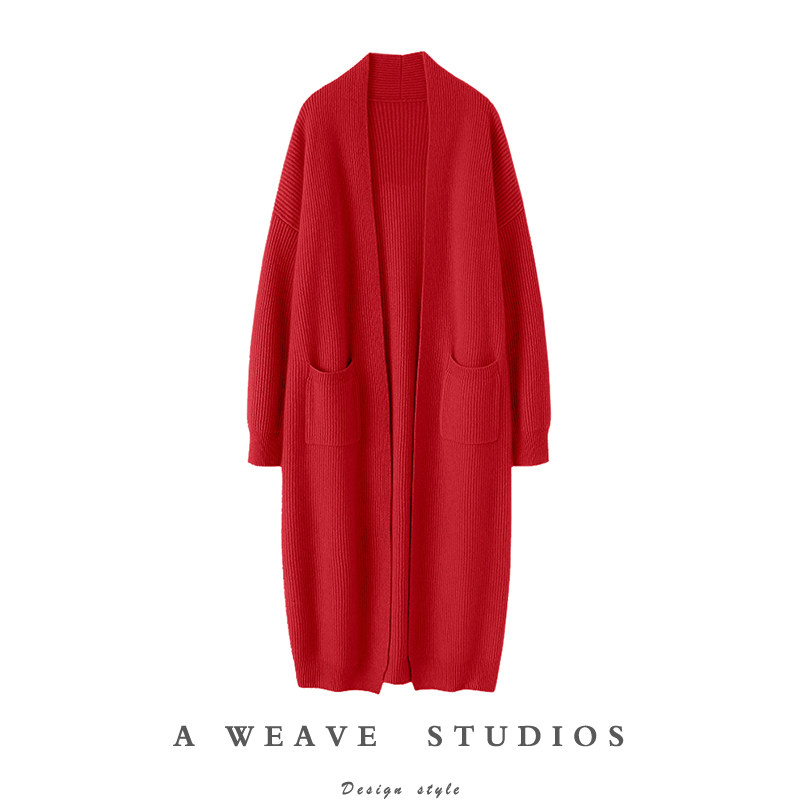 启超微醺气质！加厚100%纯羊绒开衫女中长款毛衣大外套过膝秋冬季