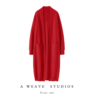 启超微醺气质！加厚100%纯羊绒开衫女中长款毛衣大外套过膝秋冬季