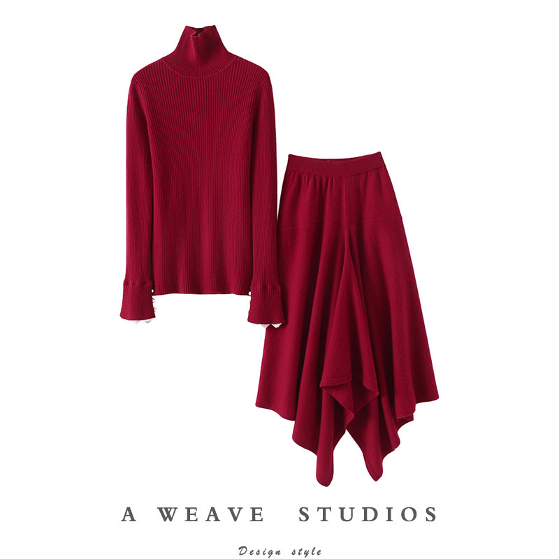 随便穿都出气质！白边喇叭袖高领羊绒衫女不对称半身伞裙羊绒套装,女装/女士精品,羊绒衫,淘宝优惠券,粉丝福利购,淘宝优惠卷