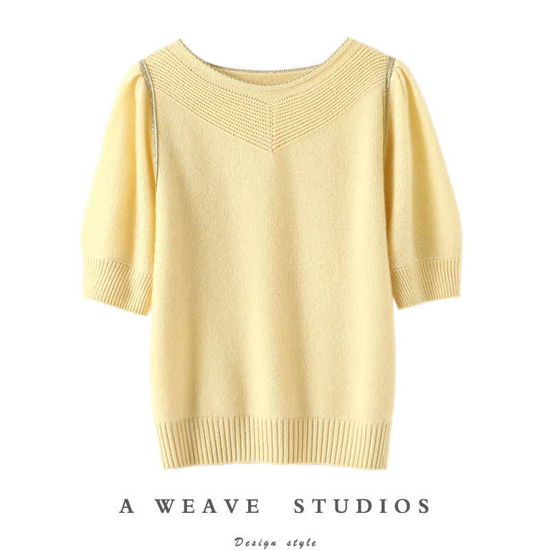 启超通勤美学~圆领100%纯山羊绒短袖女纯羊绒毛衣针织衫T恤宽松