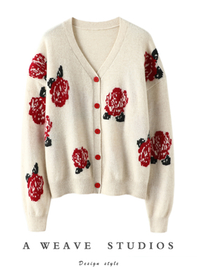 美得炸裂~红色玫瑰花v领廓形羊绒开衫女纯羊绒毛衣外套2023宽松