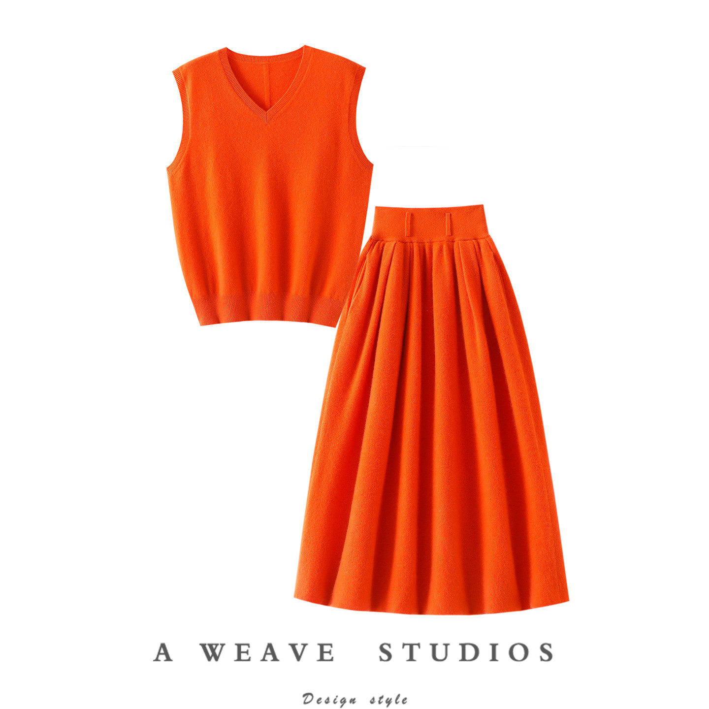 官方正品~加厚100%纯山羊绒衫女V领背心马甲半身裙子伞裙秋冬套装