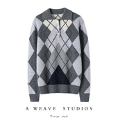 100%纯山羊绒衫 启超 成熟学院派 英伦菱形格提花针织Polo上衣