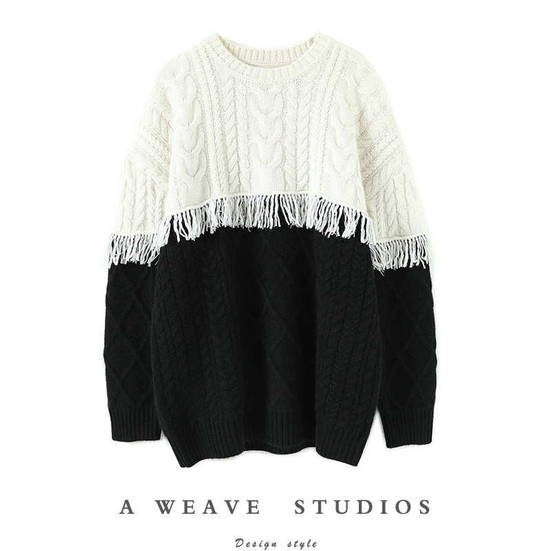 高级感拉满！重磅加厚！拼色流苏麻花羊绒衫女圆领纯羊绒毛衣宽松