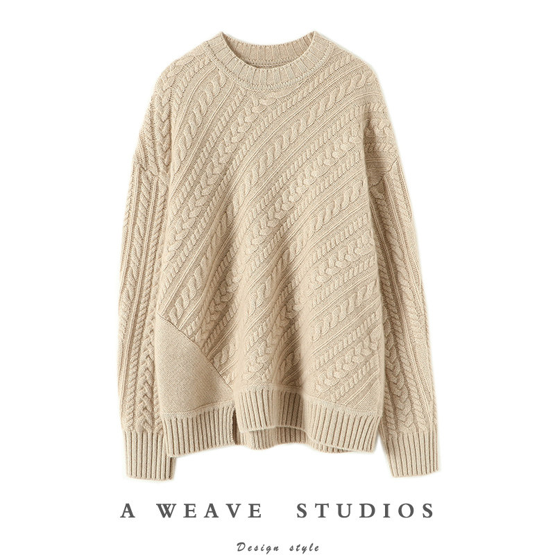 真心爱！开叉半高领纯羊绒衫女麻花斜纹不对称设计山羊绒毛衣加厚