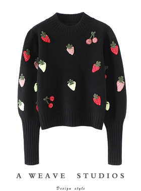 上身直接美炸！纯手工钩花草莓半高领羊绒衫女纯羊绒毛衣秋冬加厚
