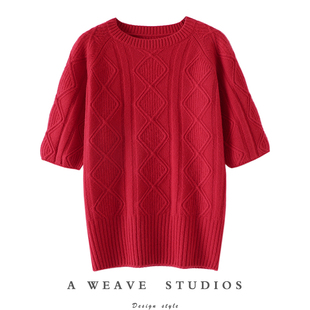 启超派对时刻~加厚山羊绒衫100纯羊绒女短袖圆领羊绒毛衣T恤秋冬