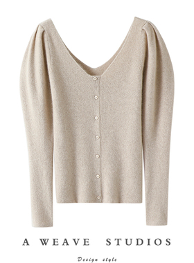 万丈光哇！复古泡泡袖前后V领100%纯羊绒衫女毛衣针织打底衫秋冬