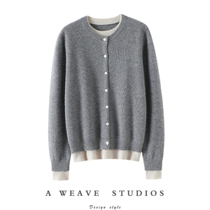 爱到无法自拔！！加厚100%纯山羊绒开衫女圆领假两件毛衣针织外套