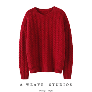 矜贵阔太啊！加厚麻花圆领100%纯山羊绒衫女纯羊绒毛衣冬季宽松