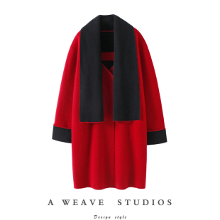 撞色针织飘带领大衣外套 1000g 启超高端设计加 重磅100%山羊绒衫