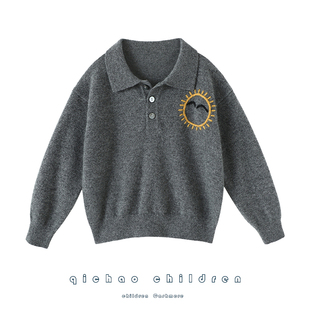 太帅气了！纯手工绣花儿童纯羊绒衫POLO领男童装羊绒毛衣宽松秋冬
