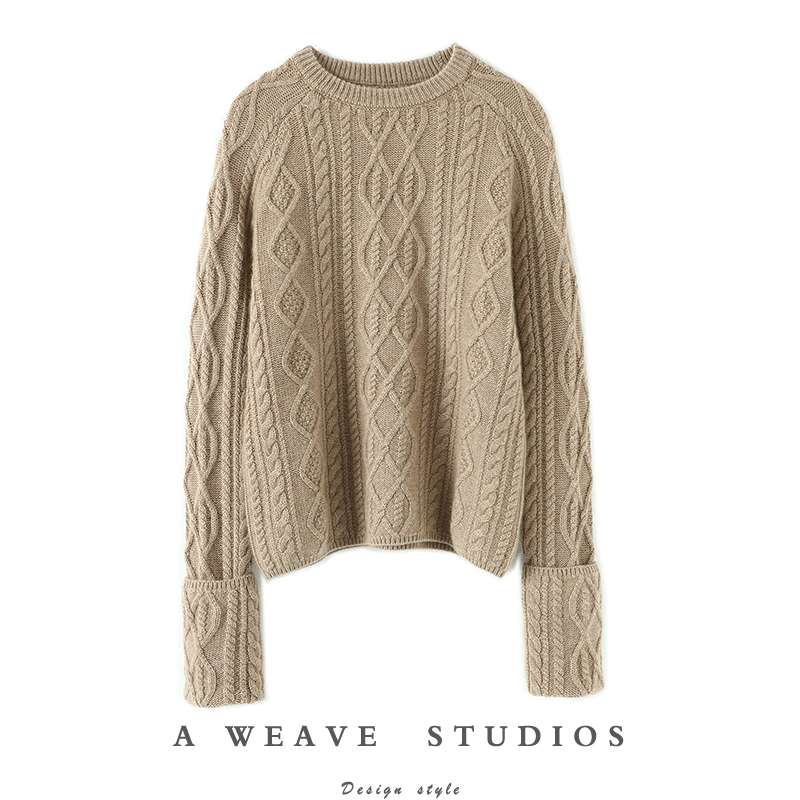 不入后悔!自留三色CHAO级爱的羊绒衫女绞花翻边袖设计羊绒毛衣