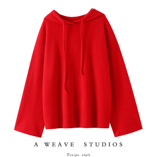 官方出品!阔袖加厚100%纯山羊绒衫女连帽毛衣针织帽衫宽松秋冬季